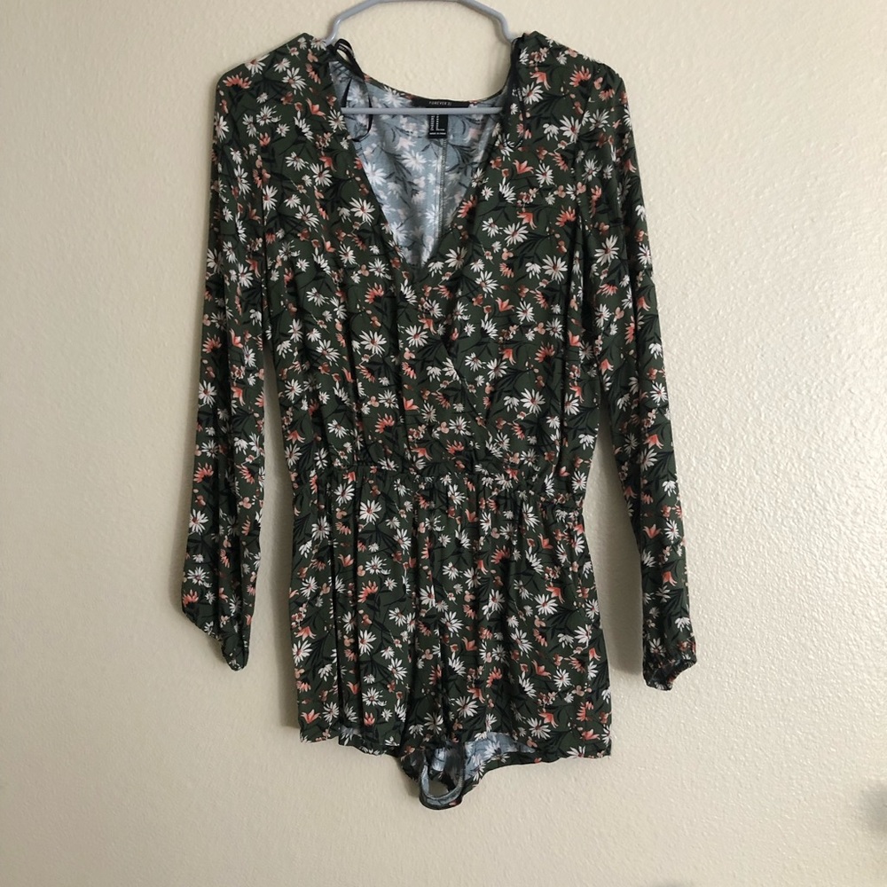 Dark green floral long sleeve romper